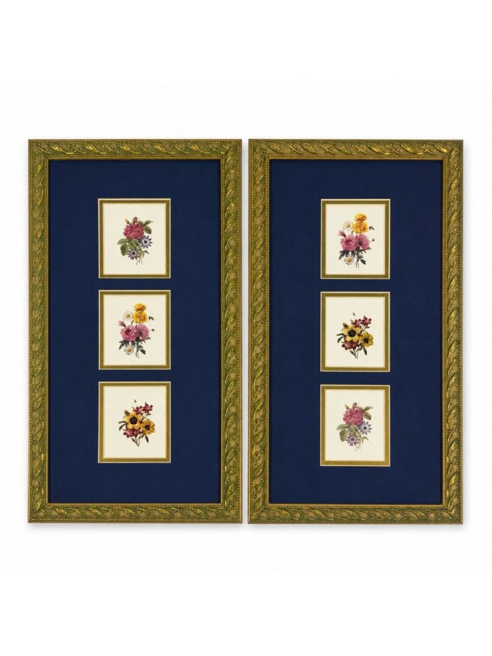 Wall Art Floral Framed Prints Pair W/ Matting Gold Frame Flowers Paneled Prints
